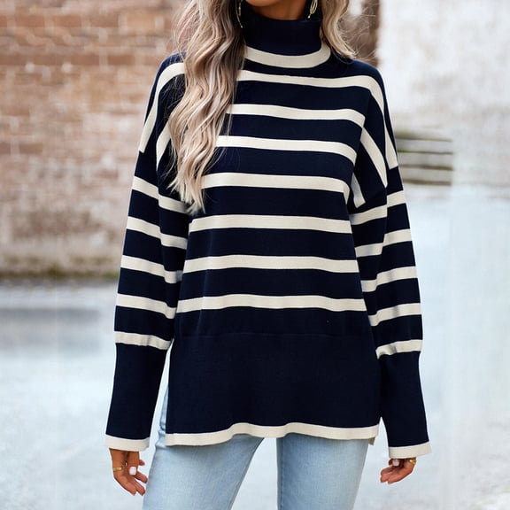 Jjayotai Knit Top for Women, Women’s Casual Long Sleeved Striped Turtleneck Sweater, 2024 Side Slit Pullover Navy L