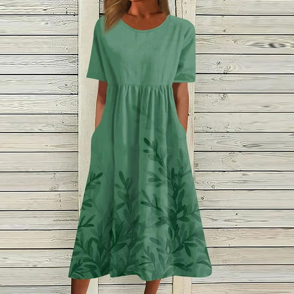 Jjayotai Ladies Dress, Basic Round Neck 2025 Short Sleeve Midi Work Casual Teacher Outfits, Loose Daily Women's Dresses, Womens Summer Travel Dress Green^ XXL