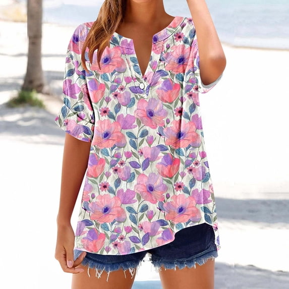 Jjayotai Ladies V Neck Loose Fit Shirt, Comfortable Short Sleeve Slim Button Down Blouse, 2025 Floral Print Dressy Graphic Tees Tops, Women Blouses Multicolor^20 M