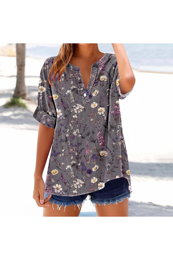Ladies V Neck Loose Fit Shirt, Comfortable Short Sleeve Slim Button Down Blouse, 2025 Floral Print Dressy Graphic Tees Tops, Women Blouses Multicolor^19 XXL