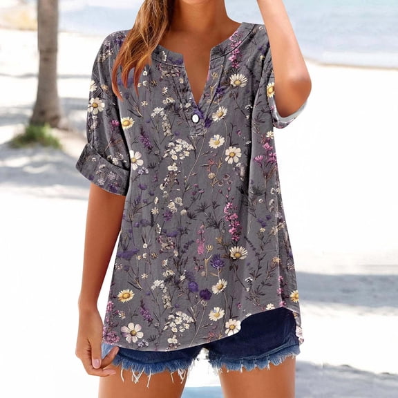 Jjayotai Ladies V Neck Loose Fit Shirt, Comfortable Short Sleeve Slim Button Down Blouse, 2025 Floral Print Dressy Graphic Tees Tops, Women Blouses Multicolor^19 L