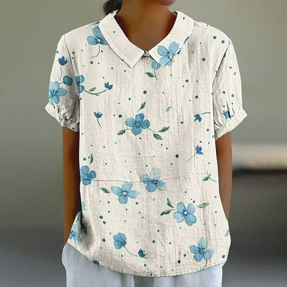 Jjayotai Linen Blouse for Women, Womens Peter Pan Collar Tops, Women's T-Shirts, Summer Short Sleeve Shirts, Casual Loose Trendy Floral Blouses 2025 Multicolor^9 XXXL