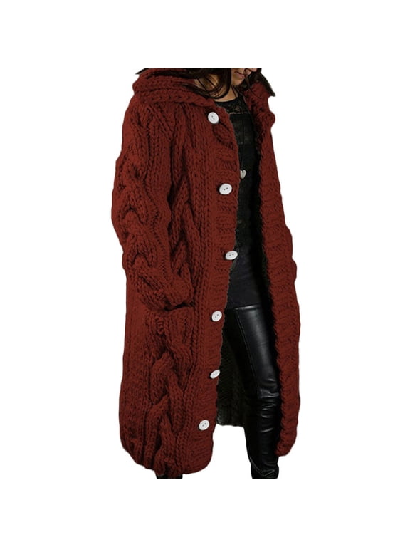 Long Cardigan Sweater for Women, Cable Knit Coat, Casual Open Front Long Sleeve Sweaters with Pockets Wine XXL