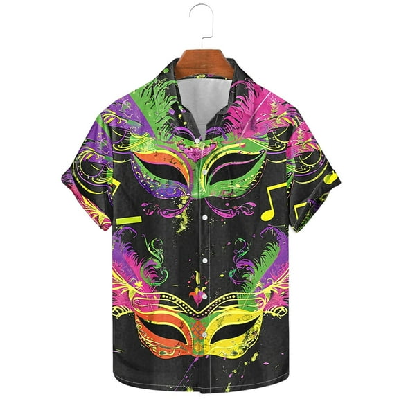 Jjayotai Mardi Gras Shirt for Men, Button Down Short Sleeve Hawaiian Shirts, Mardi Gras Outfit for Men Multicolor L