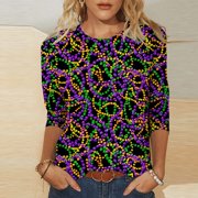 Jjayotai Mardi Gras Shirts Women, Fat Tuesday Shirt, Sparkly Funny Graphic Tees, Carnival Themed Tshirt 3/4 Sleeve Party Womens Tops Multicolor S