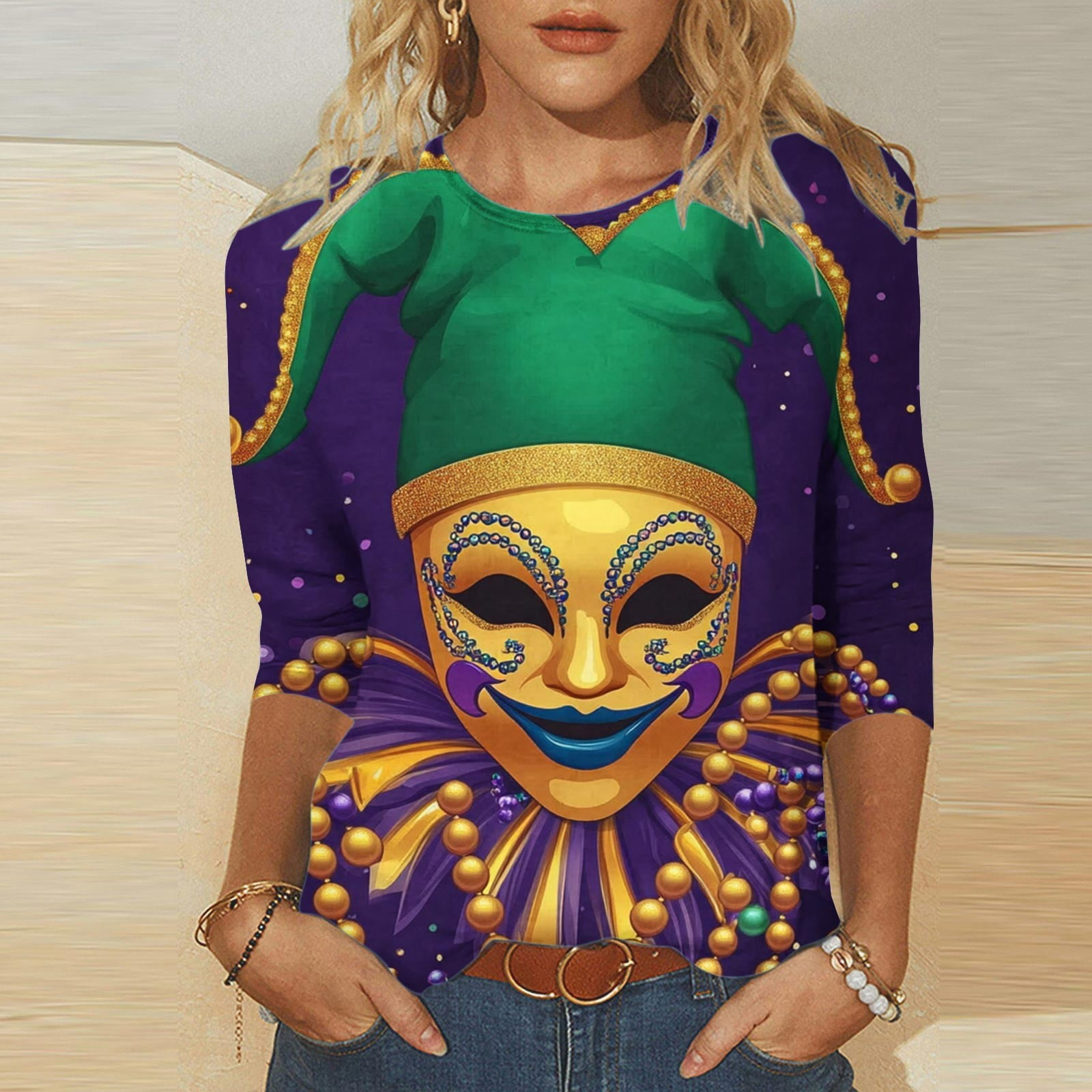 Jjayotai Mardi Gras Shirts, Womens Mardi Gras Mask Glitter Printed T ...