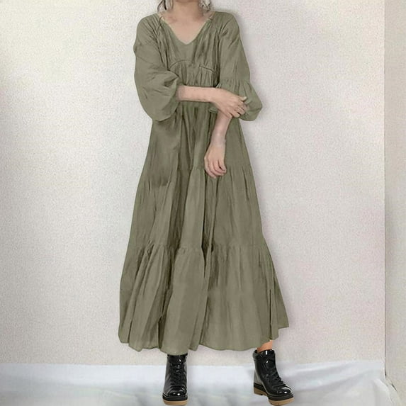 Jjayotai Maxi Dress for Women, Long Sleeve V Neck Layered Ruffle Boho Dresses, Casual Flowy Long Dress, Tiered Cocktail Dresses Army Green L