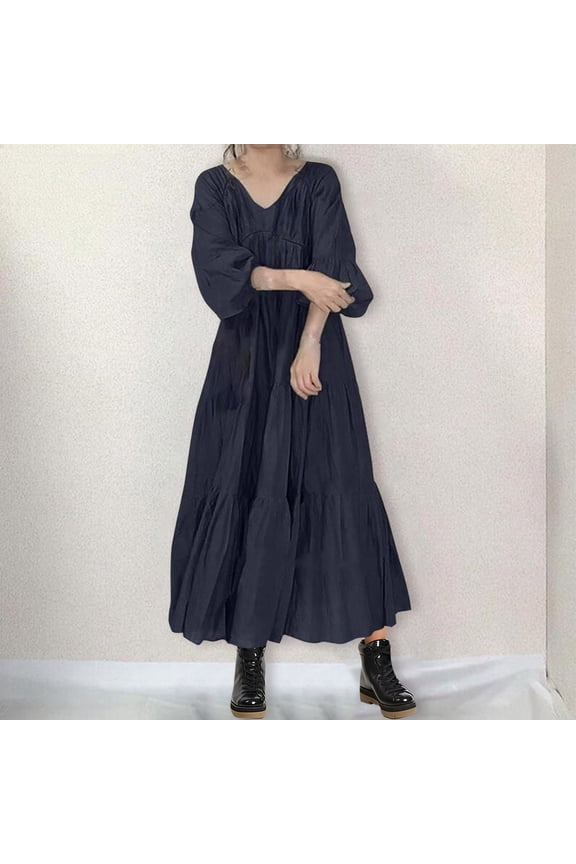 Maxi Dress for Women, Long Sleeve V Neck Layered Ruffle Boho Dresses, Casual Flowy Long Dress, Tiered Cocktail Dresses Blue XL