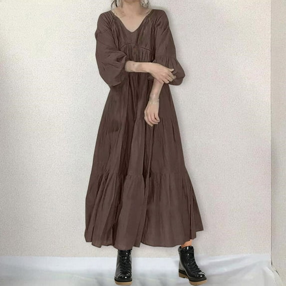 Jjayotai Maxi Dress for Women, Long Sleeve V Neck Layered Ruffle Boho Dresses, Casual Flowy Long Dress, Tiered Cocktail Dresses Brown XXL