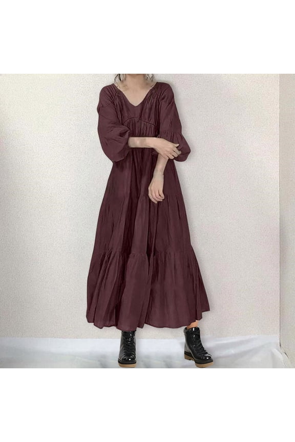Maxi Dress for Women, Long Sleeve V Neck Layered Ruffle Boho Dresses, Casual Flowy Long Dress, Tiered Cocktail Dresses Red S