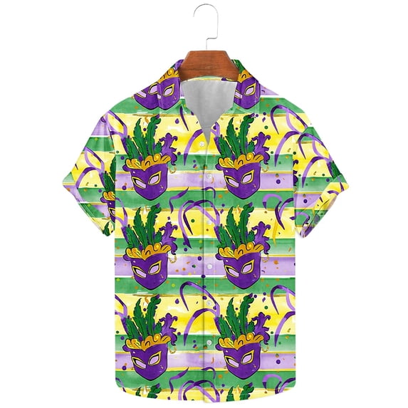 Jjayotai Men Mardi Gras Shirt, Print Short Sleeve Button Down Shirts, Mardi Gras Outfits for Men, Casual Hawaiian Beach Top Multicolor S