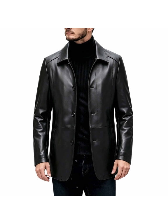 Men's Faux Leather Jacket, Button Down Collared Blazer, Long Sleeve Casual Outerwear, Fall Winter Business Coat