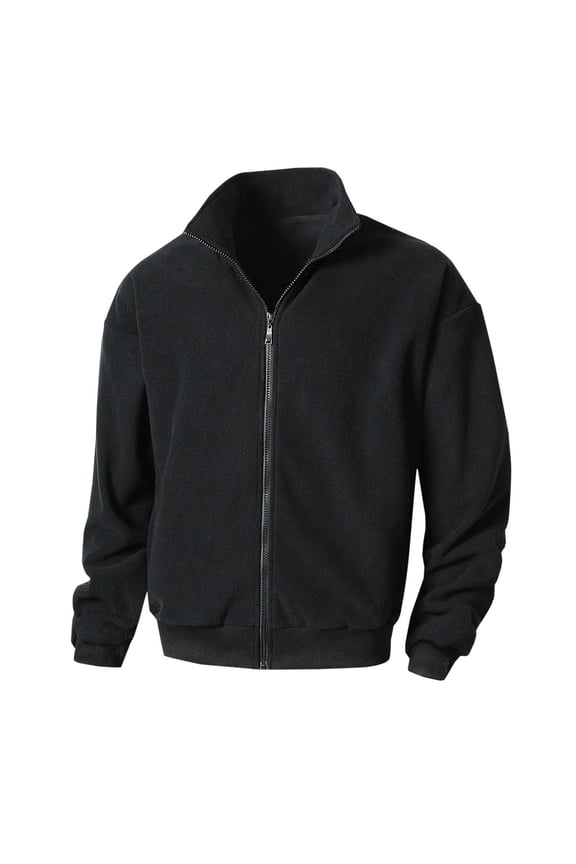 Men's Fleece Jackets, Full Zip Up Stand Collar Lightweight Winter Jacket, Outdoor Hoodless Casual Soft Warm Coats Black XL