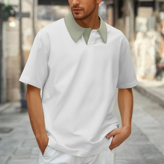 Jjayotai Men's George Shirts Large Size, Mens Fashion Color Block Lapel Collar Casual Short Sleeve Polo Shirt, Vintage Tees for Men