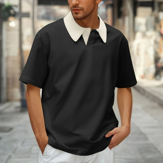 Jjayotai Men's George Shirts Large Size, Mens Fashion Color Block Lapel Collar Casual Short Sleeve Polo Shirt, Vintage Tees for Men