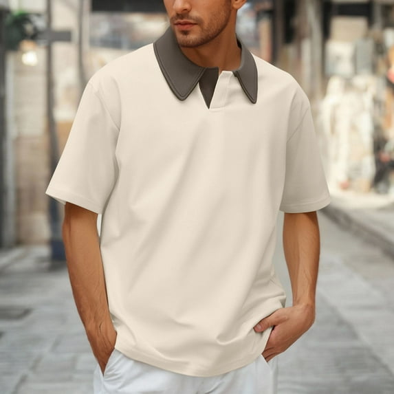 Jjayotai Men's George Shirts Large Size, Mens Fashion Color Block Lapel Collar Casual Short Sleeve Polo Shirt, Vintage Tees for Men