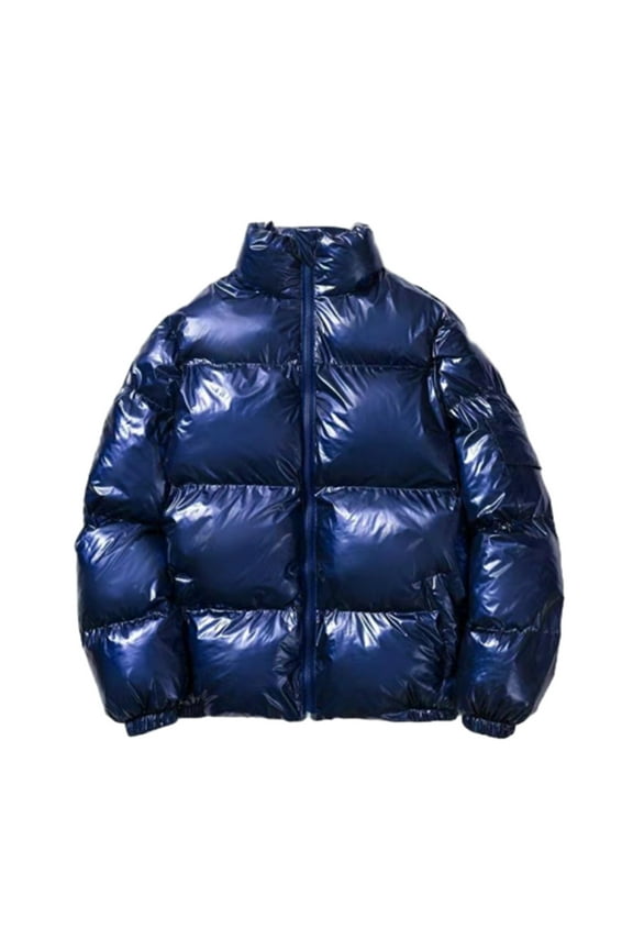 Men's Glossy Padded Winter Coat, Metallic Full Zip Down Quilted Puffer Jacket, Warm Plus Size Shiny Coats Blue L