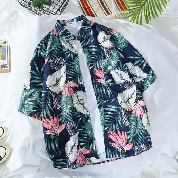 Jjayotai Men's Hawaiian Shirts Clearance, Cotton Short Sleeve Button Down Summer Tropical Beach Shirt with Pocket Green L