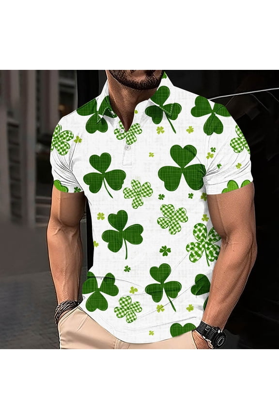 Men's Holiday Golf Shirt, Funny Short Sleeve Bowling Shirt, Novelty Shamrock Printed Tee Tops, Mens St. Patrick's Day Polo Shirts Green M