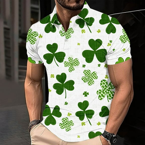 Jjayotai Men's Holiday Golf Shirt, Funny Short Sleeve Bowling Shirt, Novelty Shamrock Printed Tee Tops, Mens St. Patrick's Day Polo Shirts Green XL