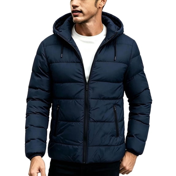Jjayotai Men's Hooded Puffer Jacket, Full Zip Quilted Jacket, Warm Winter Coat with Pockets, Daily Commute Travel Outdoor