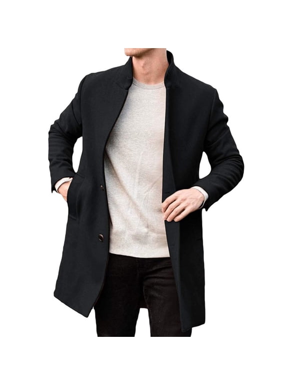 Men's Pea Coat, Winter Classic Notched Collar Single Breasted Overcoat, Business Office Wool Blend Trench Jackets Black M