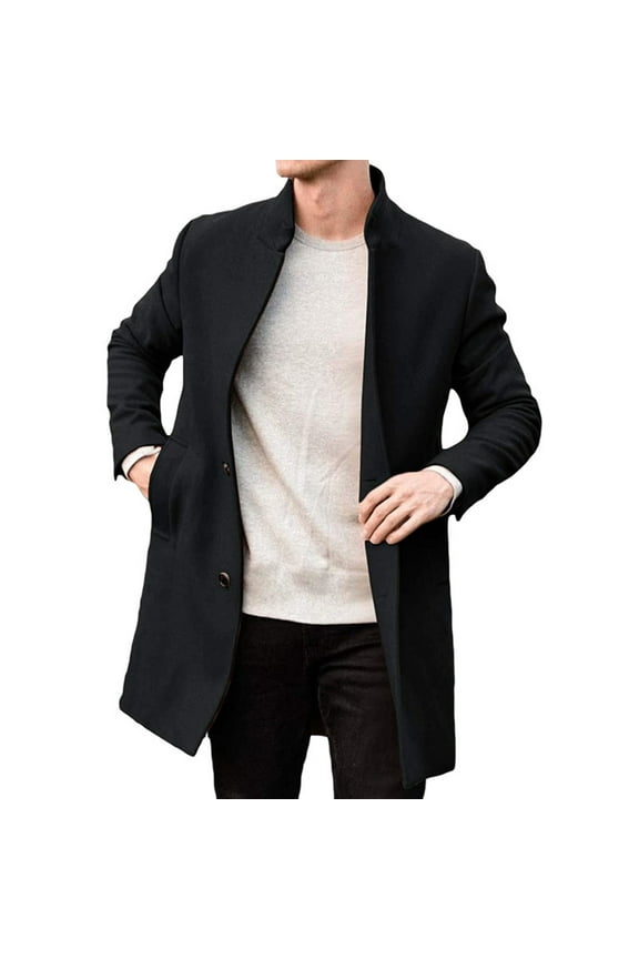 Men's Pea Coat, Winter Classic Notched Collar Single Breasted Overcoat, Business Office Wool Blend Trench Jackets Black XL