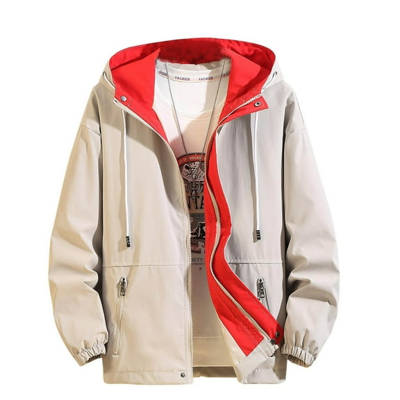Jjayotai Men's Spring Autumn Hooded Jacket, Breathable Outwear, Patchwork Color Streetwear, Comfortable Casual Clothing, Sports Windbreaker Beige XXL