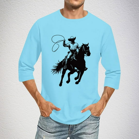 Jjayotai Men's Western Cowboy Shirt, 3/4 Sleeve Round Neck Casual Summer Shirts, Country Cowboy Riding Horse in Wild West Top Light Blue XL