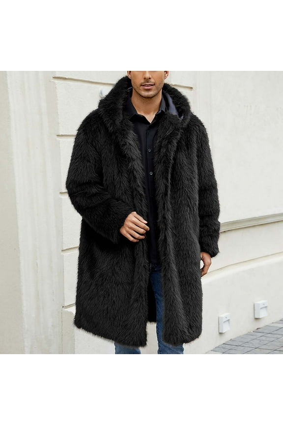 Men's Winter Faux Fur Coat Clearance, Long Sleeve Outwear, Turn Collar Parka, Fluffy Jacket Overcoat Black XXL