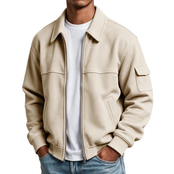 Jjayotai Men's Zip Up Jacket Collared Bomber Sleeve Pocket Utility Outerwear Casual Loose Fit Fall Winter Streetwear Ribbed Cuffs