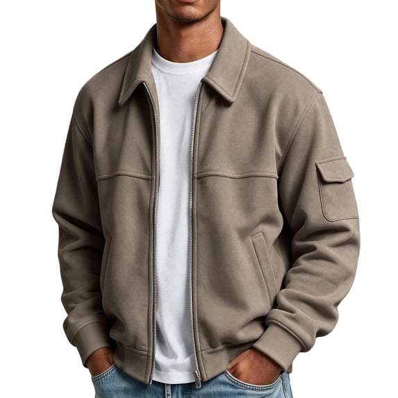 Jjayotai Men's Zip Up Jacket Collared Bomber Sleeve Pocket Utility Outerwear Casual Loose Fit Fall Winter Streetwear Ribbed Cuffs