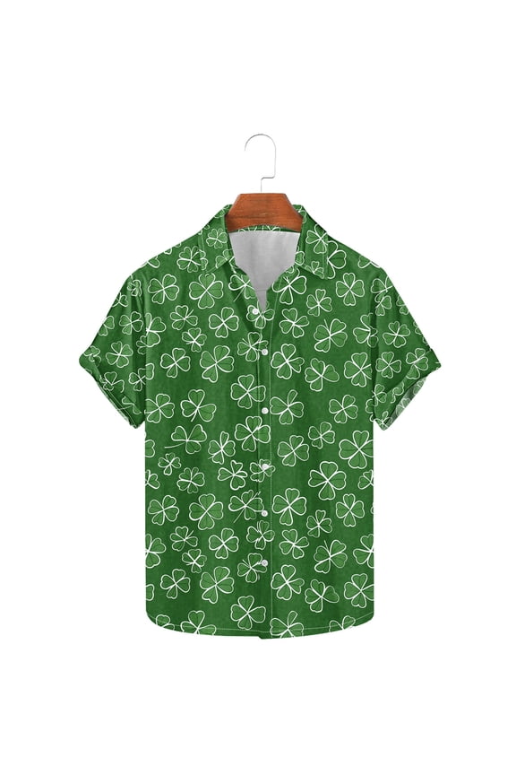Mens 2025 St Patricks Day Shirts, Clover Print Short Sleeve Button Down Shirt, Green Shamrock Casual Shirts Tops Green L