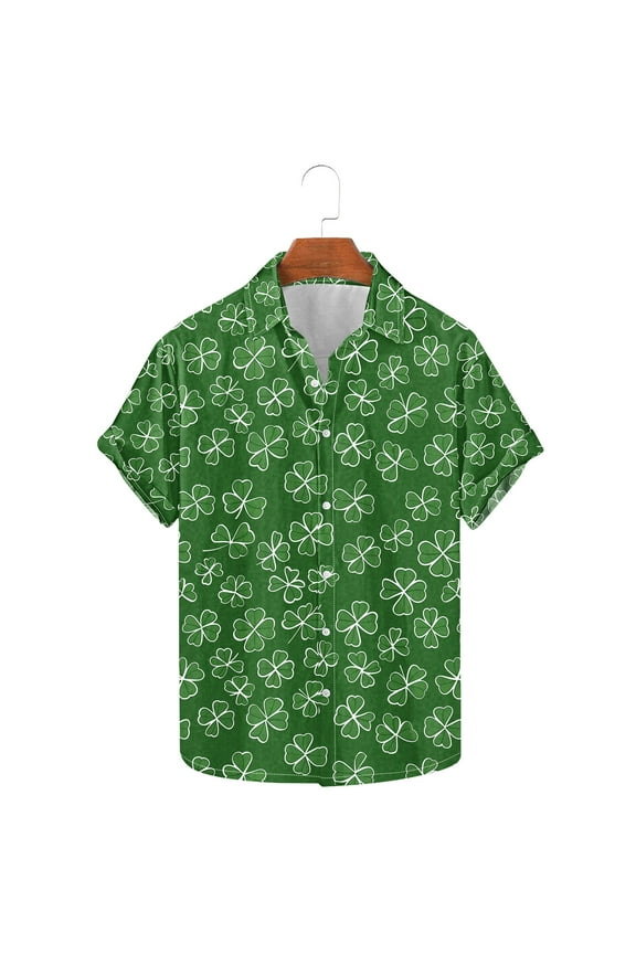 Mens 2025 St Patricks Day Shirts, Clover Print Short Sleeve Button Down Shirt, Green Shamrock Casual Shirts Tops Green XXXL