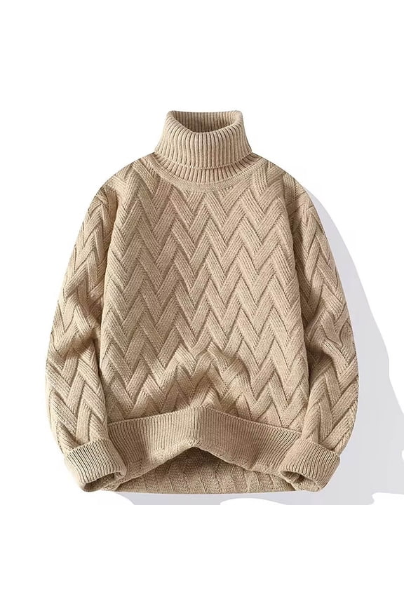 Mens Cable Knit Sweater Clearance, Slim Fit Chunky Turtleneck Solid Long Sleeve Pullover Tops Khaki M