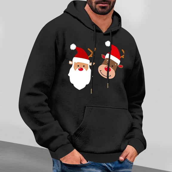 Jjayotai Mens Christmas Hoodies Sweatshirts, Ugly Santa Graphic Long Sleeve Drawstring Hooded Pullover With Pocket Black XL