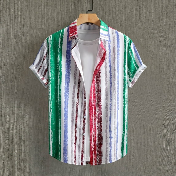 Jjayotai Mens George Shirts, Men Casual Stripe Print Turndown Short Sleeve Beach Shirt, Vintage Tees for Men