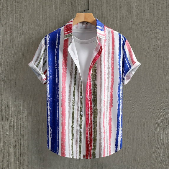Jjayotai Mens George Shirts, Men Casual Stripe Print Turndown Short Sleeve Beach Shirt, Vintage Tees for Men