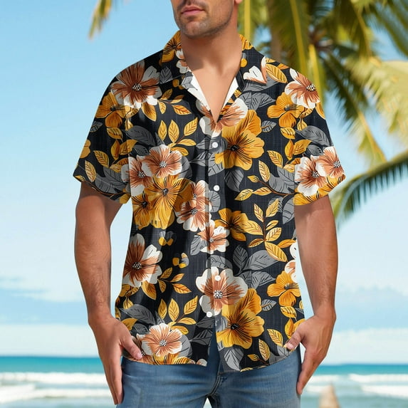 Jjayotai Mens George Shirts, Short Sleeve Casual Summer Beach Aloha Shirt, Floral Print Button Down Hawaii Tropical Vacation Clothes, Men's Graphic Tees