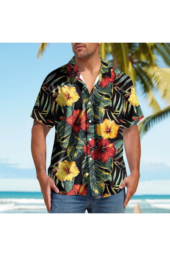 Mens George Shirts, Short Sleeve Casual Summer Beach Aloha Shirt, Floral Print Button Down Hawaii Tropical Vacation Clothes, Men's Graphic Tees