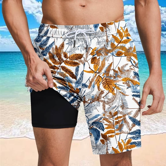 Jjayotai Mens George Shorts, Big and Tall Swim Trunks for Men, Compression Liner Bathing Suit with Pockets, Beach Shorts Quick Dry Floral Print Swimsuit