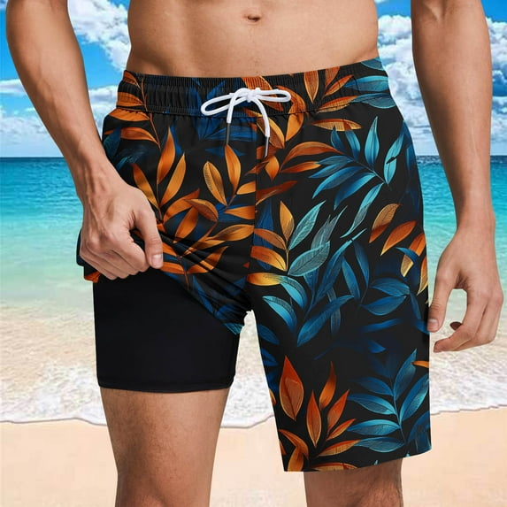 Jjayotai Mens George Shorts, Big and Tall Swim Trunks for Men, Compression Liner Bathing Suit with Pockets, Beach Shorts Quick Dry Floral Print Swimsuit