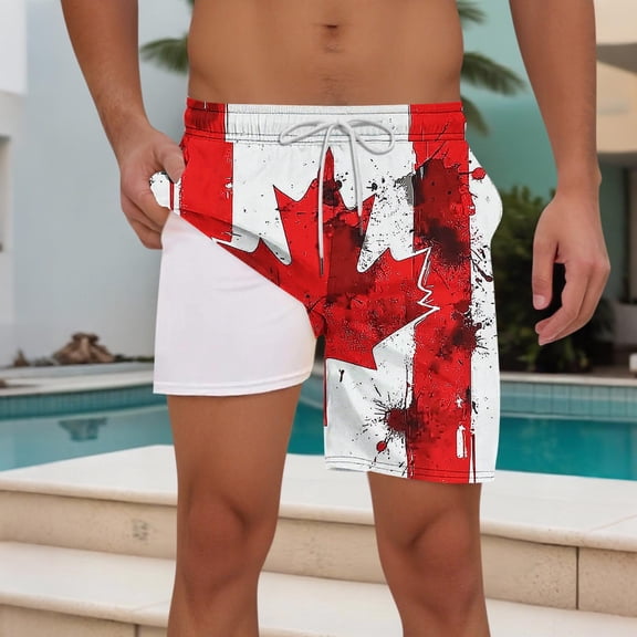 Jjayotai Mens George Shorts, Men's Canadian Maple Leaf Print Shorts, Double Layer Beach Shorts with Compression Liner Pocket Elastic Waist Drawstring