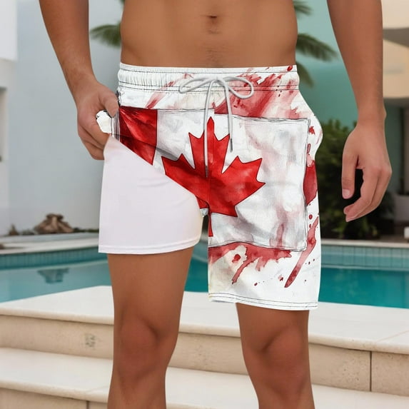 Jjayotai Mens George Shorts, Men's Canadian Maple Leaf Print Shorts, Double Layer Beach Shorts with Compression Liner Pocket Elastic Waist Drawstring