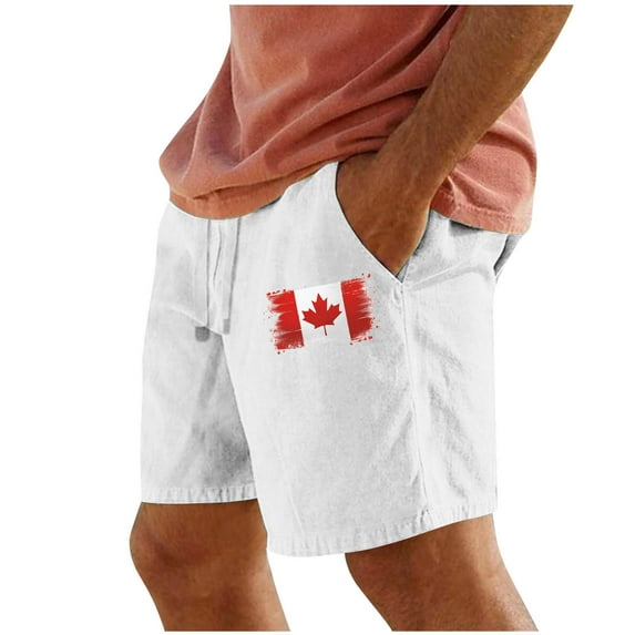 Jjayotai Mens George Shorts, Men's Faux Cotton and Linen Shorts with Pockets, Canada Maple Leaf Printed Elastic Waist Straight Leg Sweatpants