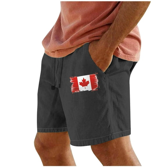 Jjayotai Mens George Shorts, Men's Faux Cotton and Linen Shorts with Pockets, Canada Maple Leaf Printed Elastic Waist Straight Leg Sweatpants