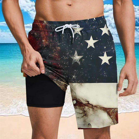 Jjayotai Mens George Shorts, Men's Independence Day Printed Shorts, Beach Shorts Lined Shorts with Compression Liner Pocket Elastic Waist Drawstring