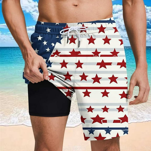 Jjayotai Mens George Shorts, Men's Independence Day Printed Shorts, Beach Shorts Lined Shorts with Compression Liner Pocket Elastic Waist Drawstring