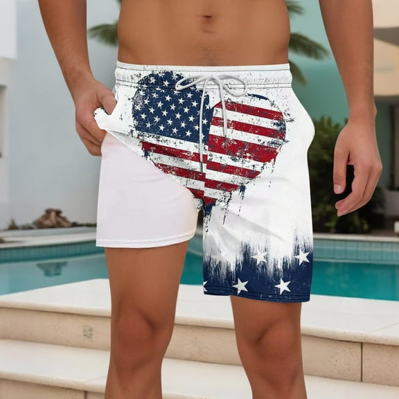 Jjayotai Mens George Shorts, Men's Independence Day Printed Shorts, Beach Shorts Lined Shorts with Compression Liner Pocket Elastic Waist Drawstring
