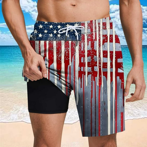 Jjayotai Mens George Shorts, Men's Independence Day Printed Shorts, Beach Shorts Lined Shorts with Compression Liner Pocket Elastic Waist Drawstring